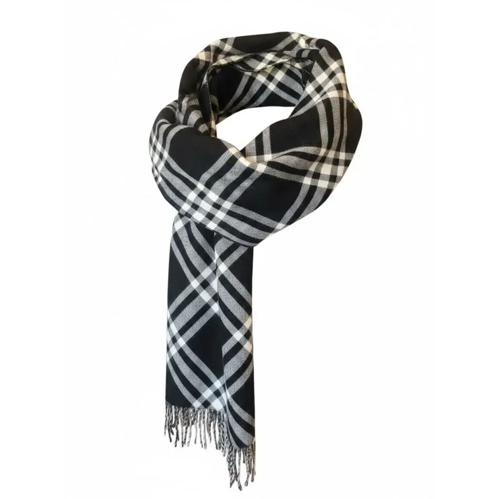 NWT Burberry Black White & Gray 100% Wool Oversized Signature Check Scarf Auth